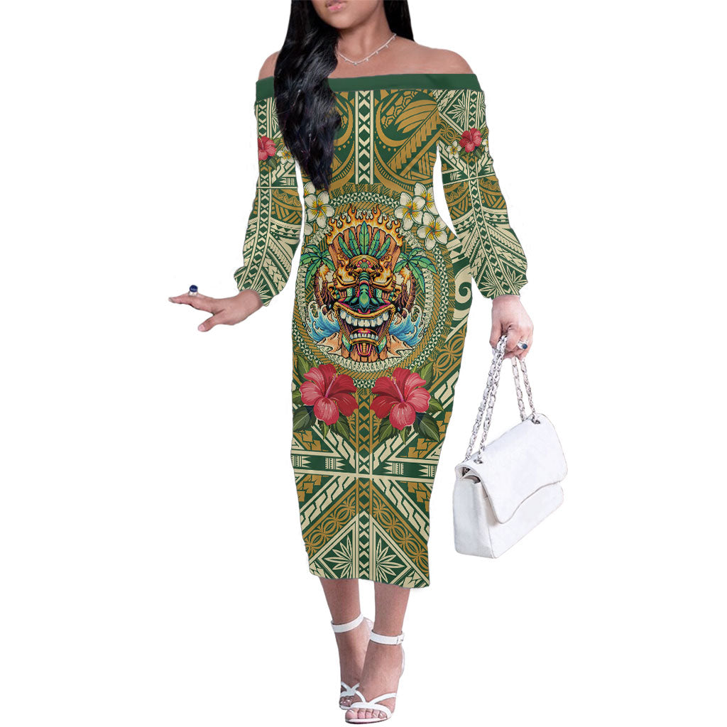 Hawaii Tiki Mask Personalized Family Matching Off The Shoulder Long Sleeve Dress and Hawaiian Shirt Mele Kalikimaka i Iulai! LT9 Mom's Dress Green - Polynesian Pride