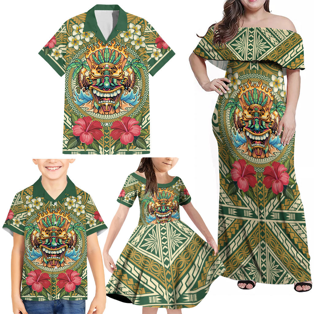 Hawaii Tiki Mask Personalized Family Matching Off Shoulder Maxi Dress and Hawaiian Shirt Mele Kalikimaka i Iulai! LT9 - Polynesian Pride