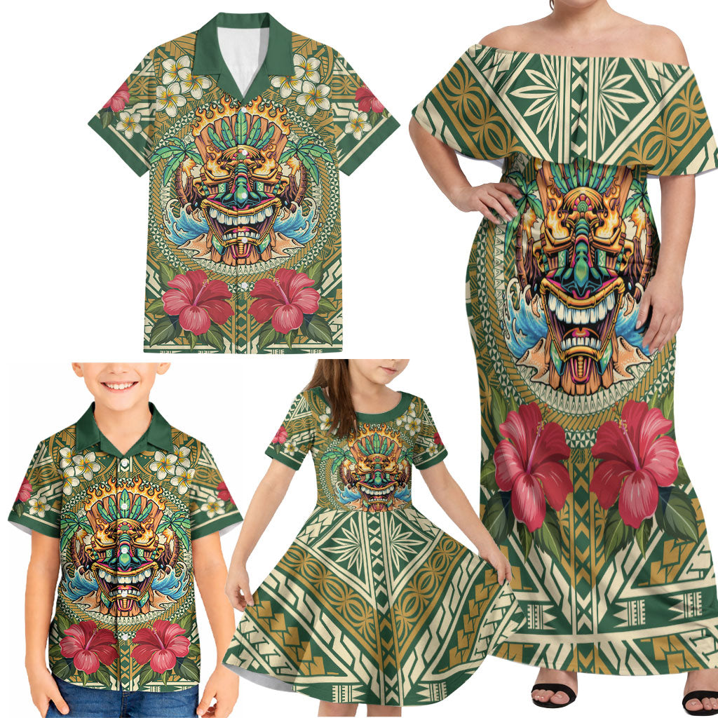 Hawaii Tiki Mask Personalized Family Matching Off Shoulder Maxi Dress and Hawaiian Shirt Mele Kalikimaka i Iulai! LT9 - Polynesian Pride