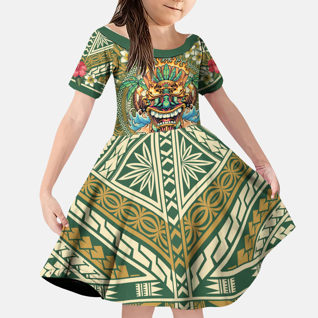 Hawaii Tiki Mask Personalized Family Matching Off Shoulder Short Dress and Hawaiian Shirt Mele Kalikimaka i Iulai! LT9 Daughter's Dress Green - Polynesian Pride