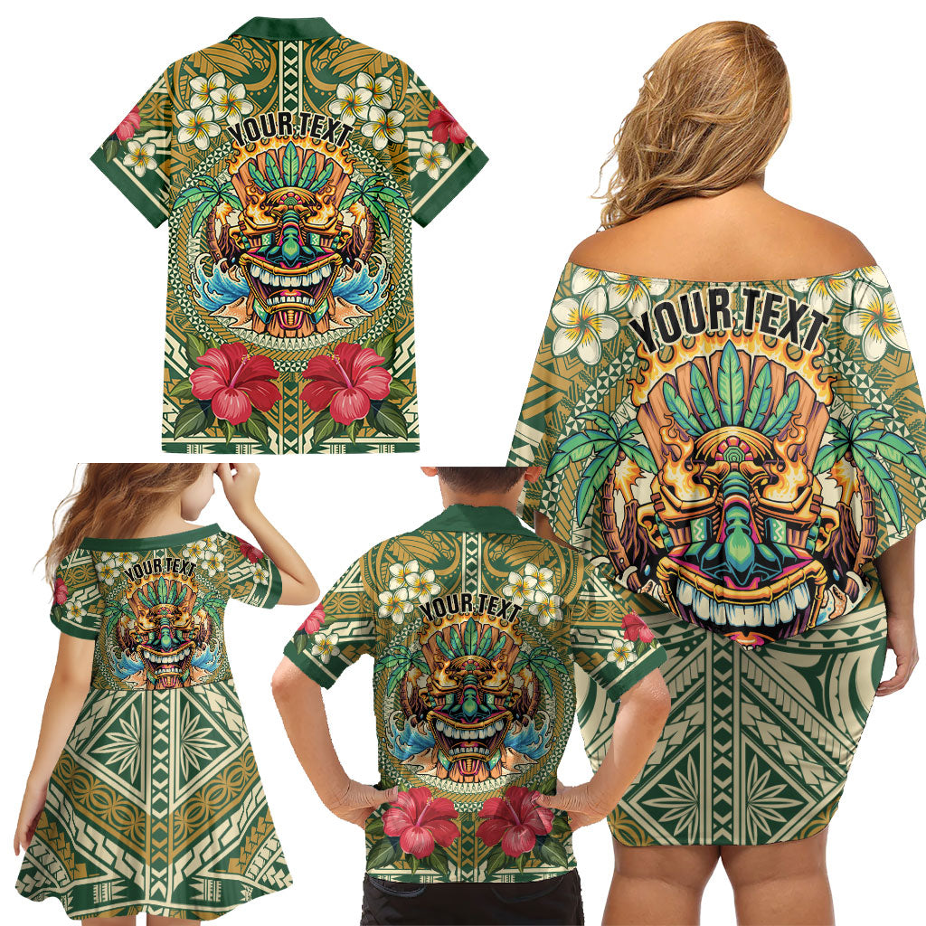 Hawaii Tiki Mask Personalized Family Matching Off Shoulder Short Dress and Hawaiian Shirt Mele Kalikimaka i Iulai! LT9 - Polynesian Pride