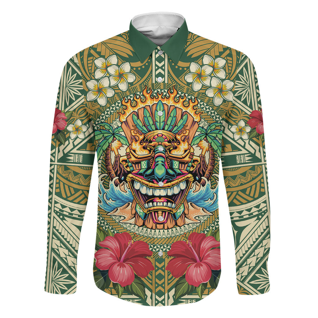 Hawaii Tiki Mask Personalized Family Matching Off Shoulder Short Dress and Hawaiian Shirt Mele Kalikimaka i Iulai! LT9 Dad's Shirt - Long Sleeve Green - Polynesian Pride