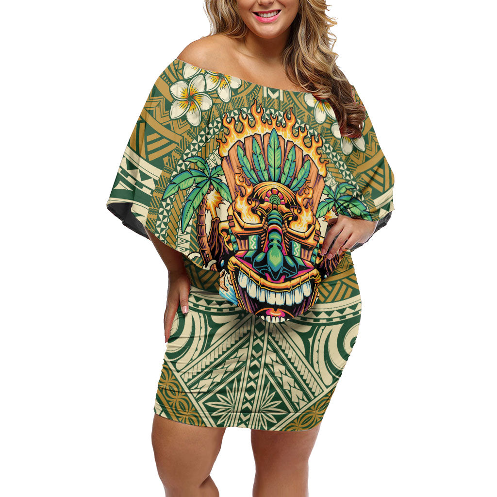 Hawaii Tiki Mask Personalized Family Matching Off Shoulder Short Dress and Hawaiian Shirt Mele Kalikimaka i Iulai! LT9 Mom's Dress Green - Polynesian Pride