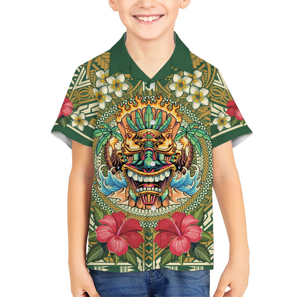 Hawaii Tiki Mask Personalized Family Matching Puletasi and Hawaiian Shirt Mele Kalikimaka i Iulai! LT9 Son's Shirt Green - Polynesian Pride