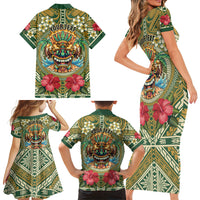 Hawaii Tiki Mask Personalized Family Matching Short Sleeve Bodycon Dress and Hawaiian Shirt Mele Kalikimaka i Iulai! LT9 - Polynesian Pride