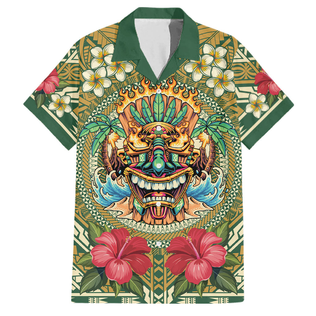 Hawaii Tiki Mask Personalized Family Matching Summer Maxi Dress and Hawaiian Shirt Mele Kalikimaka i Iulai! LT9 Dad's Shirt - Short Sleeve Green - Polynesian Pride