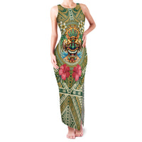 Hawaii Tiki Mask Personalized Family Matching Tank Maxi Dress and Hawaiian Shirt Mele Kalikimaka i Iulai! LT9 Mom's Dress Green - Polynesian Pride