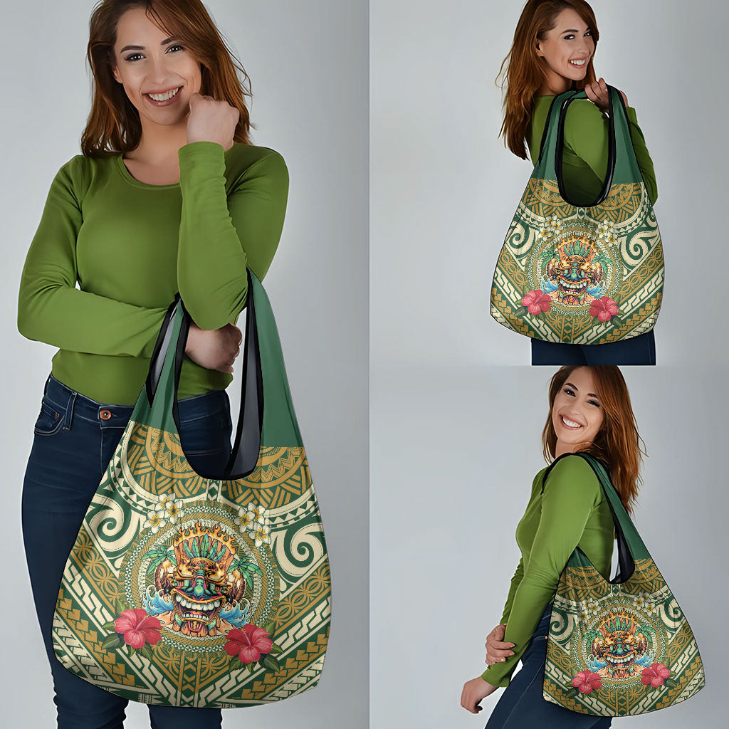 Hawaii Tiki Mask Grocery Bag Mele Kalikimaka i Iulai!
