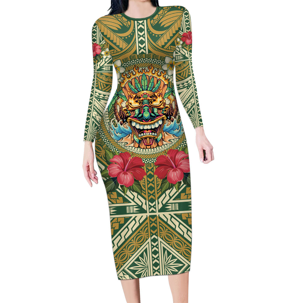 Hawaii Tiki Mask Personalized Long Sleeve Bodycon Dress Mele Kalikimaka i Iulai!