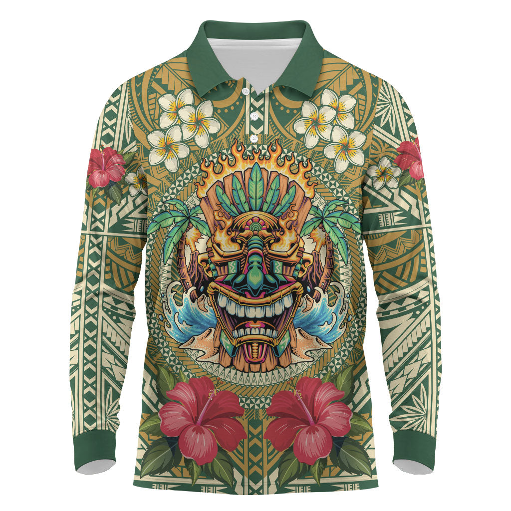 Hawaii Tiki Mask Personalized Long Sleeve Polo Shirt Mele Kalikimaka i Iulai!