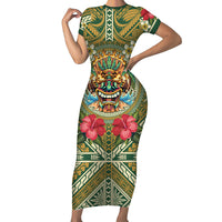 Hawaii Tiki Mask Personalized Short Sleeve Bodycon Dress Mele Kalikimaka i Iulai!