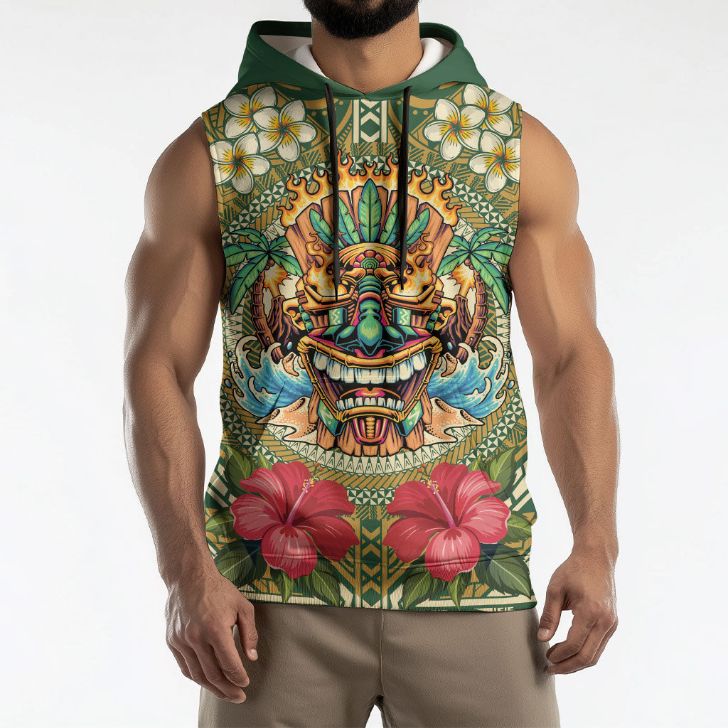 Hawaii Tiki Mask Personalized Sleeveless Hoodie Mele Kalikimaka i Iulai!