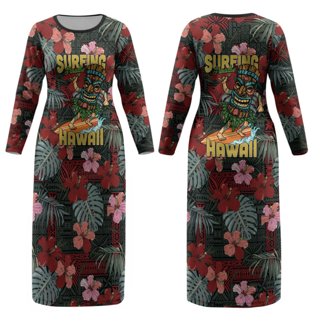 Hawaii Tiki Surfing Couples Matching Long Sleeve Bodycon Dress and Hawaiian Shirt Mele Kalikimaka i Iulai! LT9 - Polynesian Pride
