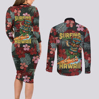 Hawaii Tiki Surfing Couples Matching Long Sleeve Bodycon Dress and Long Sleeve Button Shirt Mele Kalikimaka i Iulai!