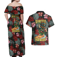 Hawaii Tiki Surfing Couples Matching Off Shoulder Maxi Dress and Hawaiian Shirt Mele Kalikimaka i Iulai!