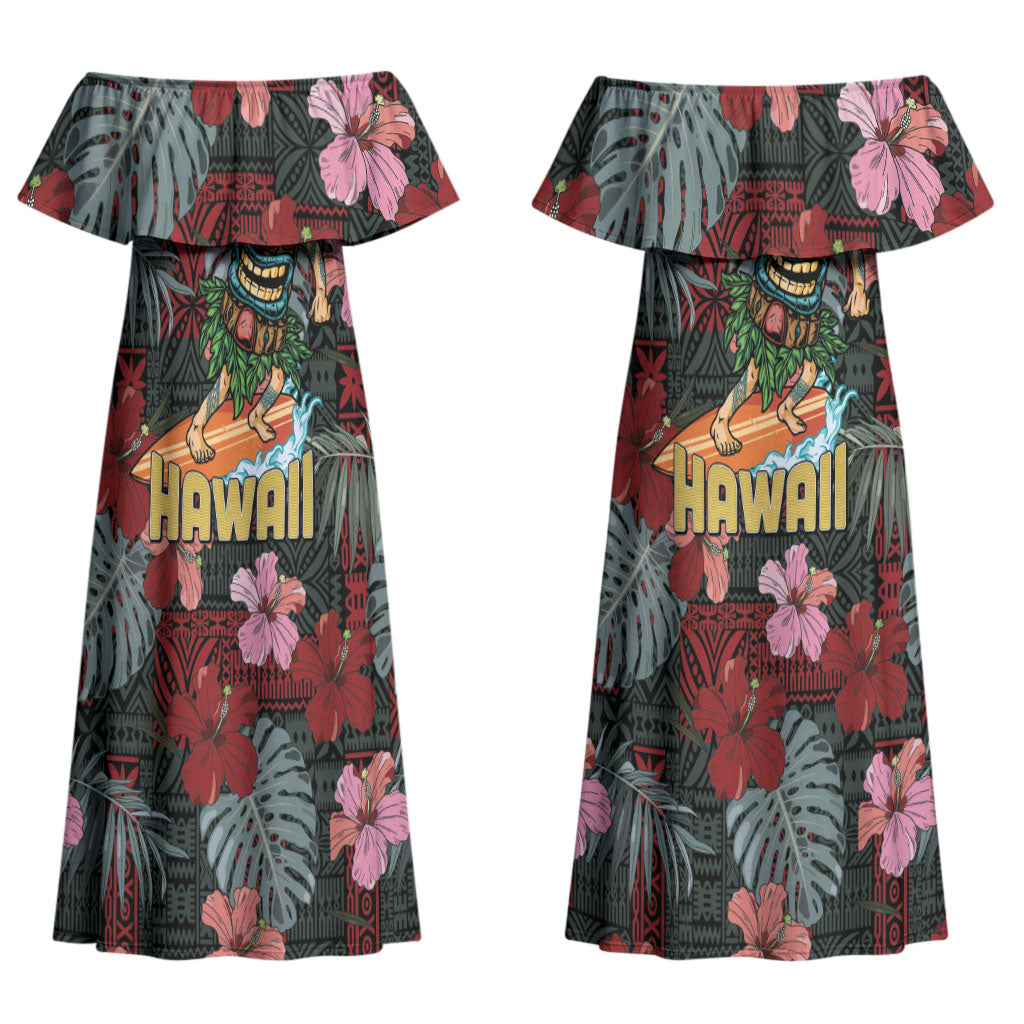 Hawaii Tiki Surfing Couples Matching Off Shoulder Maxi Dress and Long Sleeve Button Shirt Mele Kalikimaka i Iulai! LT9 - Polynesian Pride