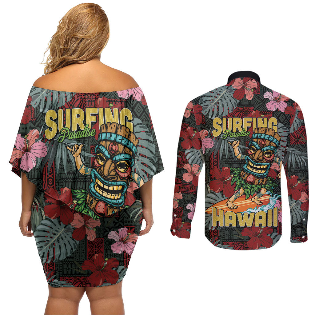 Hawaii Tiki Surfing Couples Matching Off Shoulder Short Dress and Long Sleeve Button Shirt Mele Kalikimaka i Iulai!