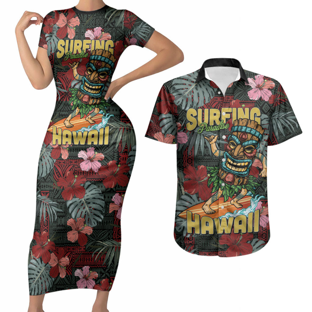 Hawaii Tiki Surfing Couples Matching Short Sleeve Bodycon Dress and Hawaiian Shirt Mele Kalikimaka i Iulai! LT9 Black - Polynesian Pride