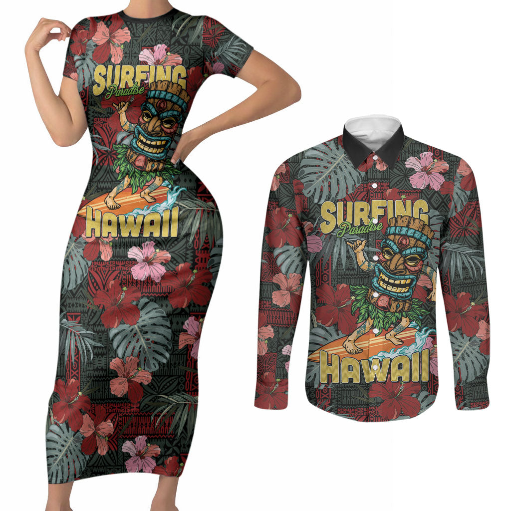 Hawaii Tiki Surfing Couples Matching Short Sleeve Bodycon Dress and Long Sleeve Button Shirt Mele Kalikimaka i Iulai! LT9 Black - Polynesian Pride