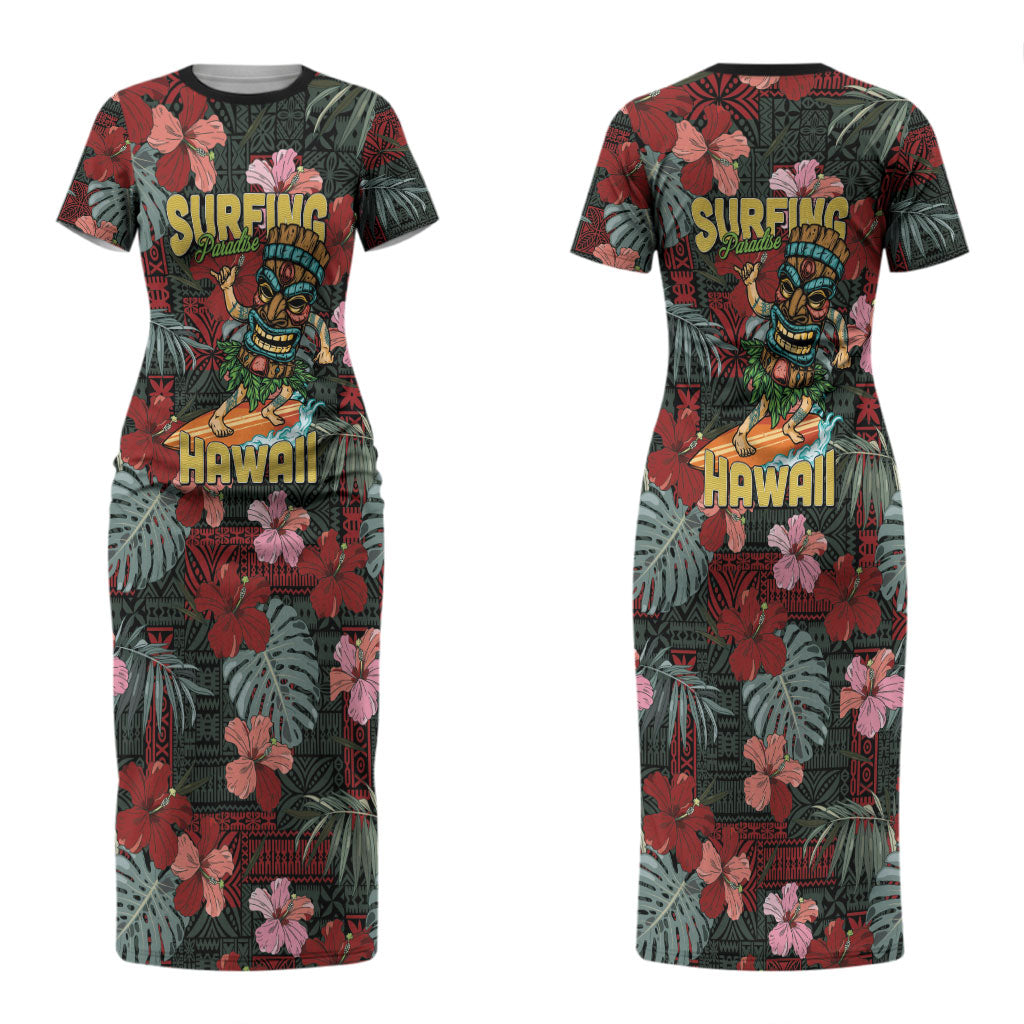 Hawaii Tiki Surfing Couples Matching Short Sleeve Bodycon Dress and Long Sleeve Button Shirt Mele Kalikimaka i Iulai! LT9 - Polynesian Pride