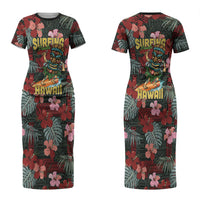 Hawaii Tiki Surfing Couples Matching Short Sleeve Bodycon Dress and Long Sleeve Button Shirt Mele Kalikimaka i Iulai! LT9 - Polynesian Pride