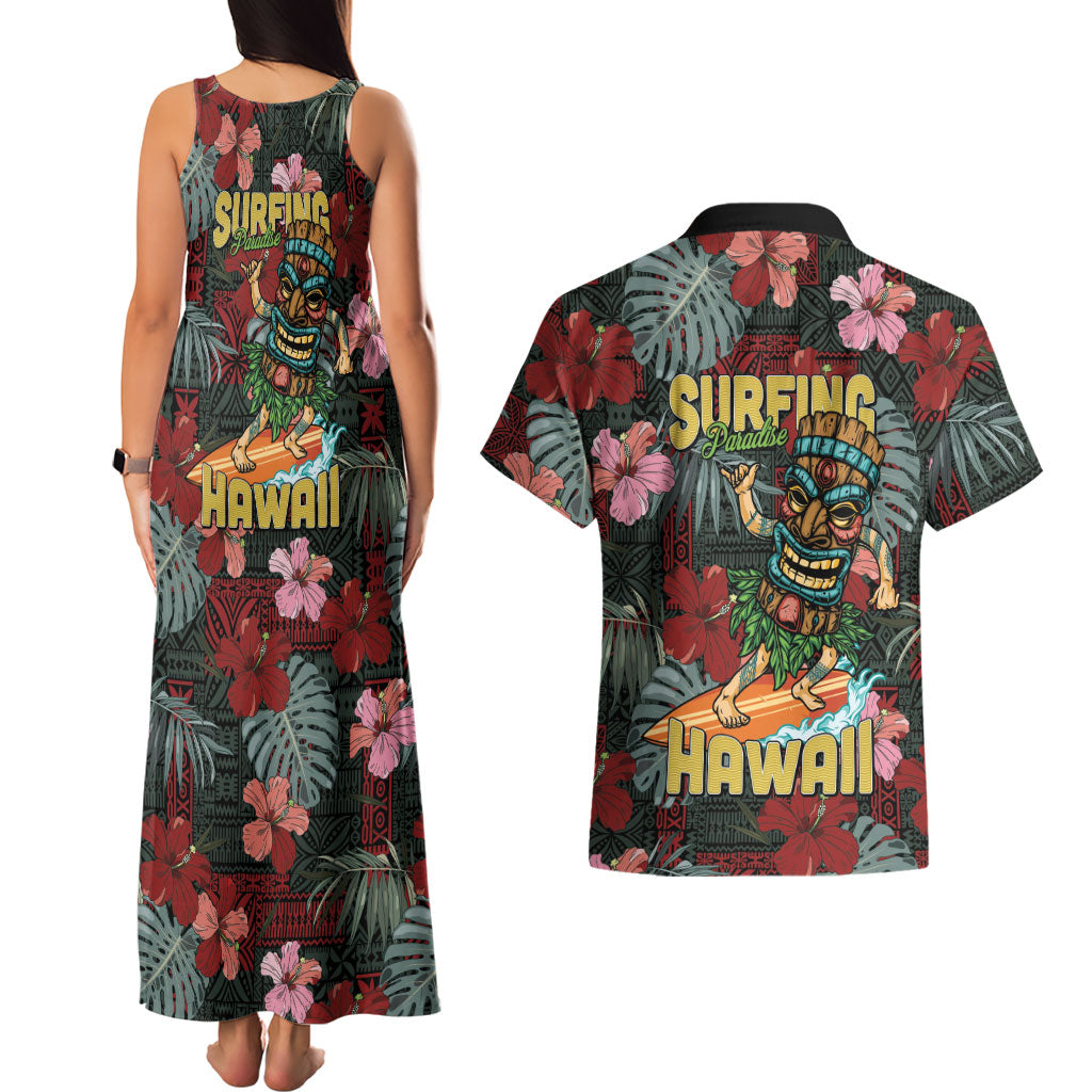 Hawaii Tiki Surfing Couples Matching Tank Maxi Dress and Hawaiian Shirt Mele Kalikimaka i Iulai! LT9 - Polynesian Pride