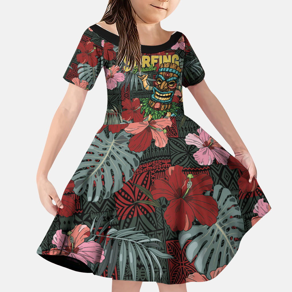 Hawaii Tiki Surfing Family Matching Long Sleeve Bodycon Dress and Hawaiian Shirt Mele Kalikimaka i Iulai! LT9 Daughter's Dress Black - Polynesian Pride