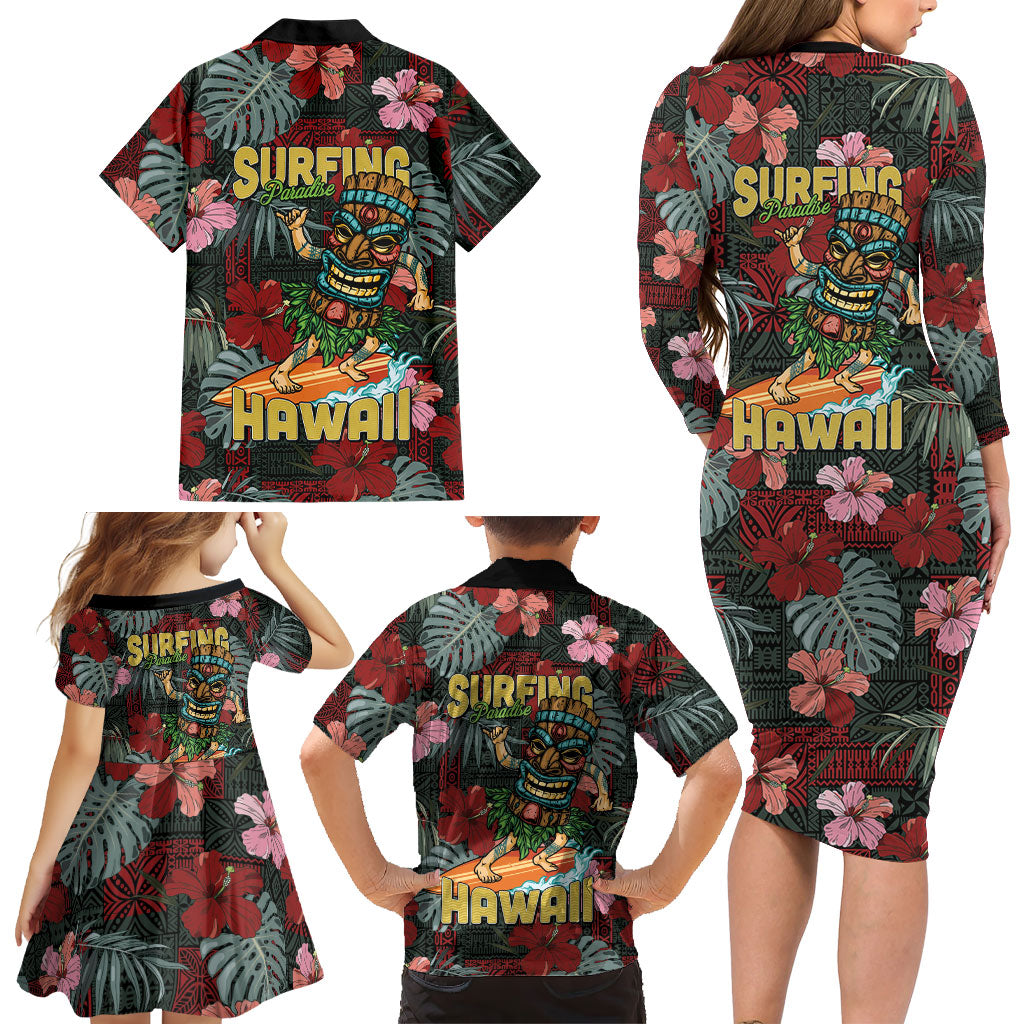 Hawaii Tiki Surfing Family Matching Long Sleeve Bodycon Dress and Hawaiian Shirt Mele Kalikimaka i Iulai! LT9 - Polynesian Pride