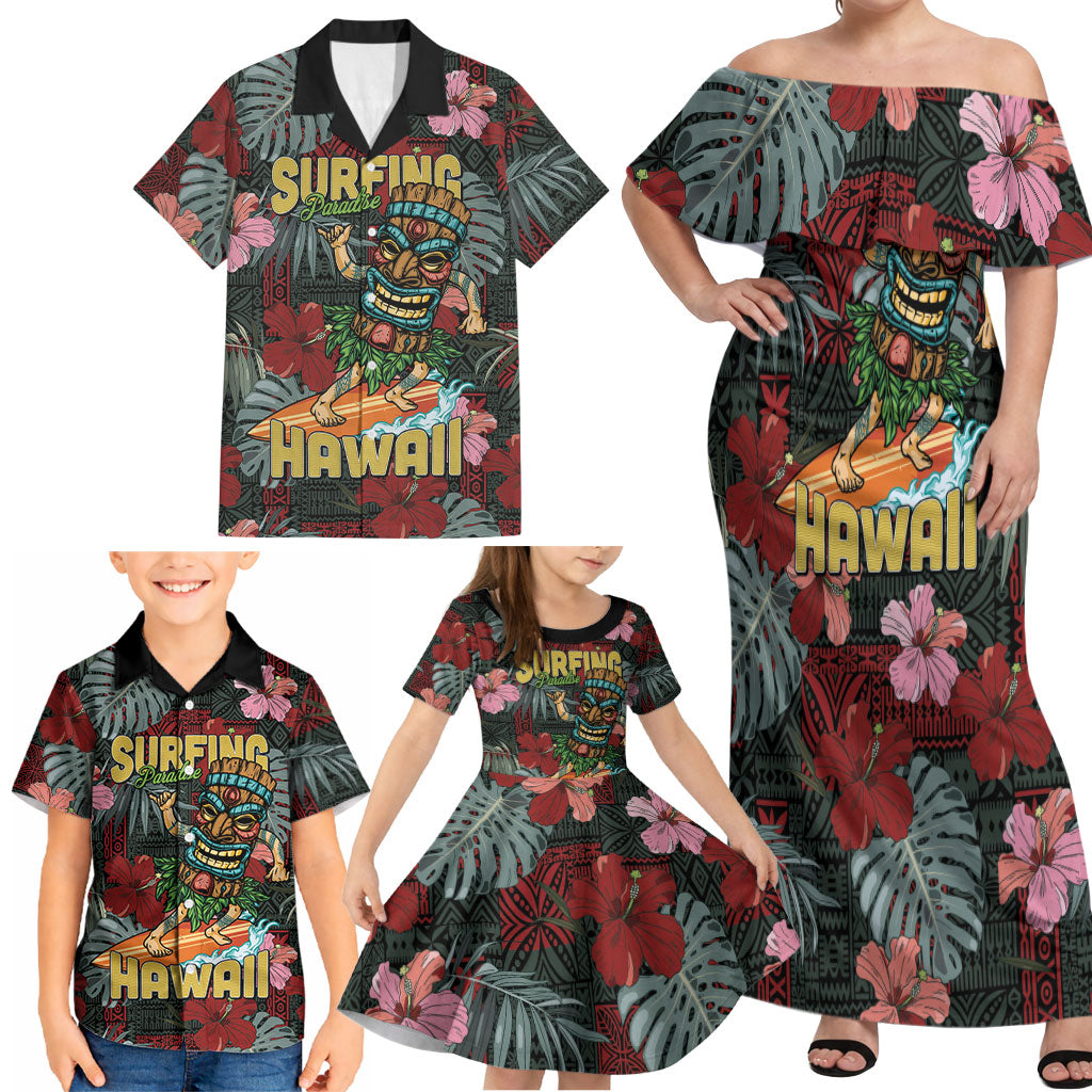 Hawaii Tiki Surfing Family Matching Off Shoulder Maxi Dress and Hawaiian Shirt Mele Kalikimaka i Iulai! LT9 - Polynesian Pride
