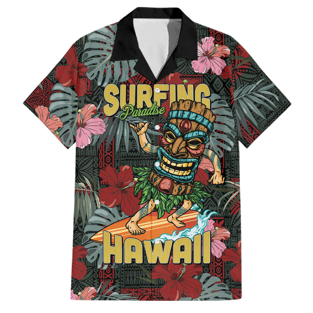 Hawaii Tiki Surfing Family Matching Off Shoulder Maxi Dress and Hawaiian Shirt Mele Kalikimaka i Iulai! LT9 Dad's Shirt - Short Sleeve Black - Polynesian Pride