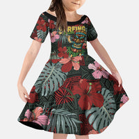 Hawaii Tiki Surfing Family Matching Off Shoulder Short Dress and Hawaiian Shirt Mele Kalikimaka i Iulai! LT9 Daughter's Dress Black - Polynesian Pride