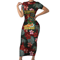 Hawaii Tiki Surfing Family Matching Short Sleeve Bodycon Dress and Hawaiian Shirt Mele Kalikimaka i Iulai! LT9 Mom's Dress Black - Polynesian Pride