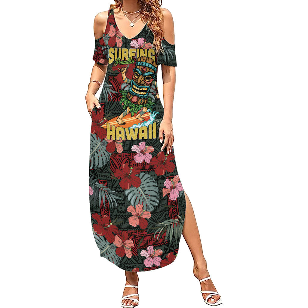 Hawaii Tiki Surfing Family Matching Summer Maxi Dress and Hawaiian Shirt Mele Kalikimaka i Iulai! LT9 Mom's Dress Black - Polynesian Pride