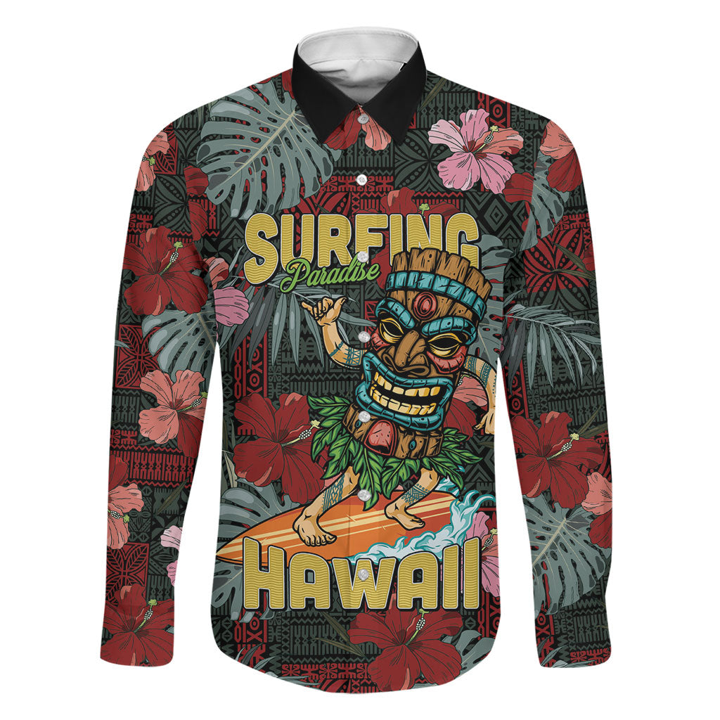 Hawaii Tiki Surfing Family Matching Tank Maxi Dress and Hawaiian Shirt Mele Kalikimaka i Iulai! LT9 Dad's Shirt - Long Sleeve Black - Polynesian Pride
