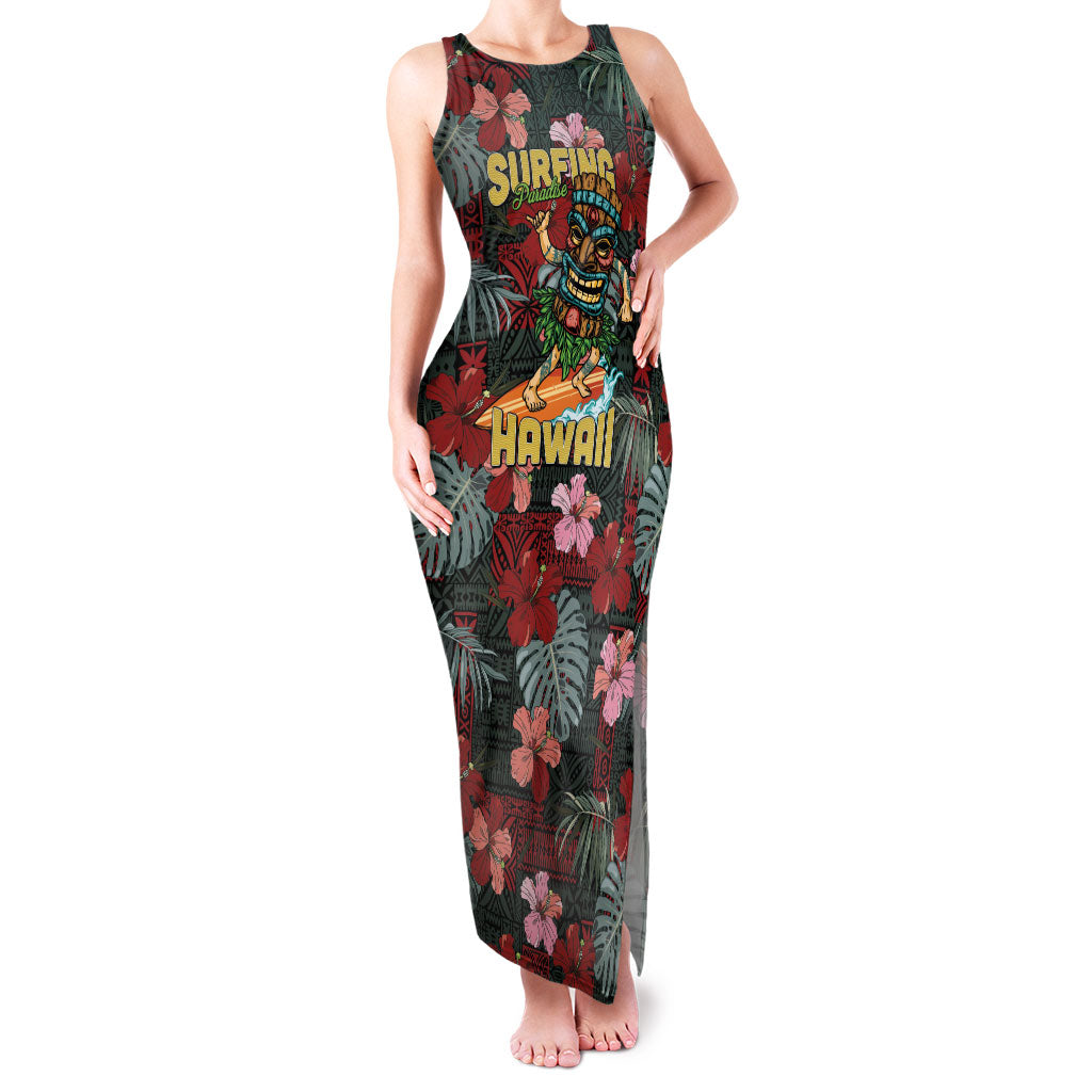 Hawaii Tiki Surfing Family Matching Tank Maxi Dress and Hawaiian Shirt Mele Kalikimaka i Iulai! LT9 Mom's Dress Black - Polynesian Pride