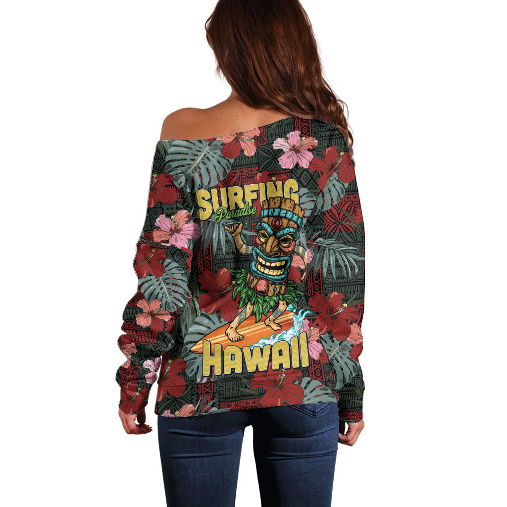 Hawaii Tiki Surfing Off Shoulder Sweater Mele Kalikimaka i Iulai! LT9 - Polynesian Pride