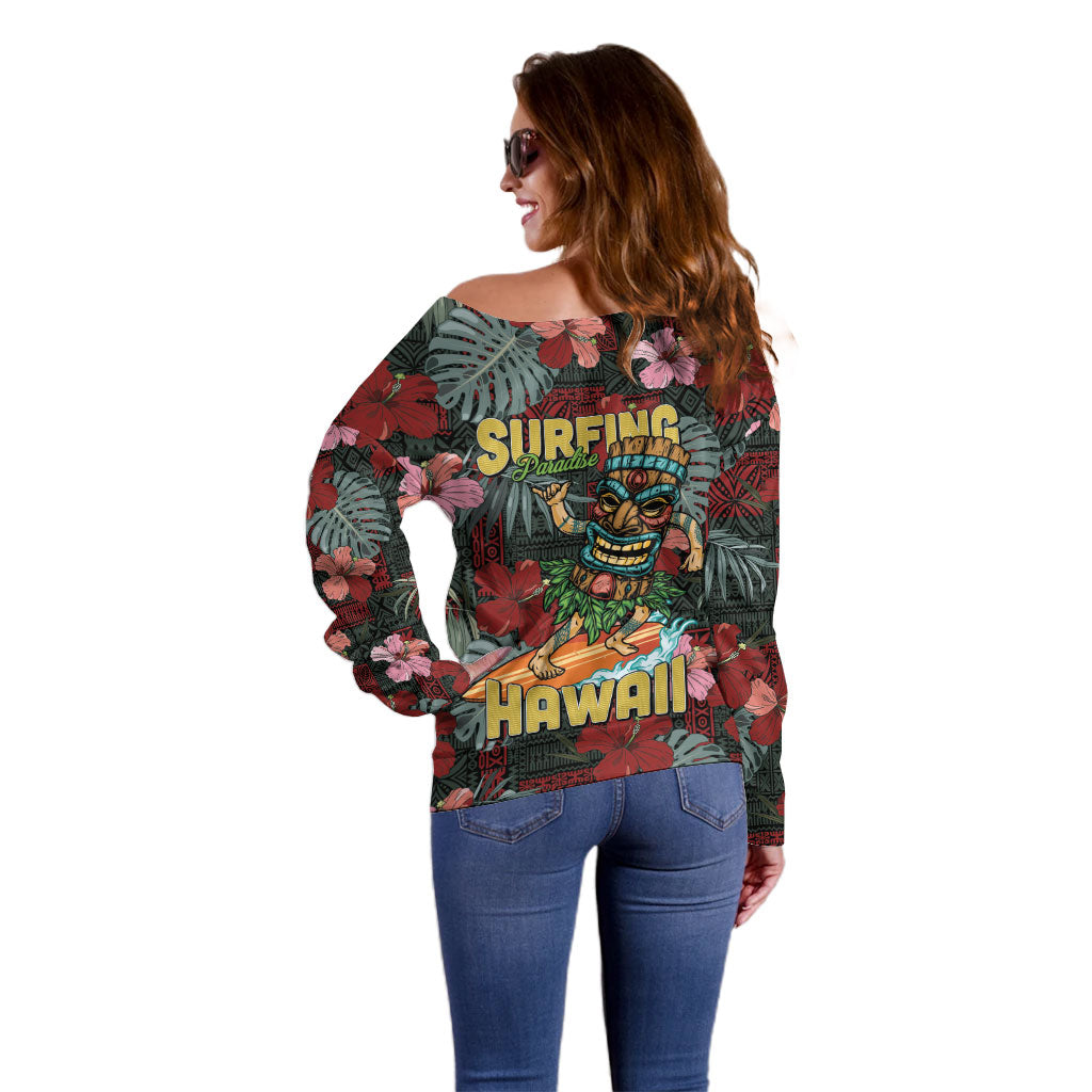 Hawaii Tiki Surfing Off Shoulder Sweater Mele Kalikimaka i Iulai! LT9 - Polynesian Pride