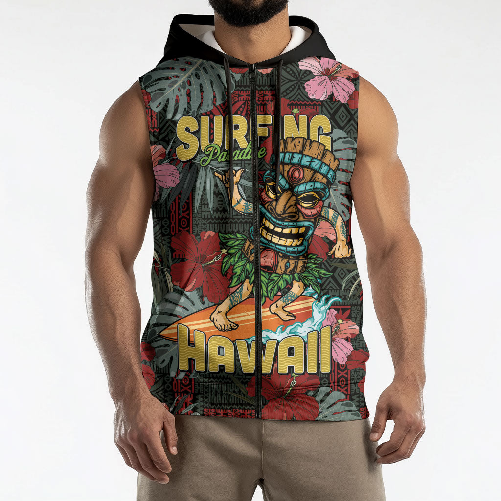 Hawaii Tiki Surfing Sleeveless Zip Hoodie Mele Kalikimaka i Iulai!