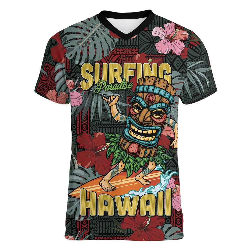 Hawaii Tiki Surfing Women V-Neck T-Shirt Mele Kalikimaka i Iulai!