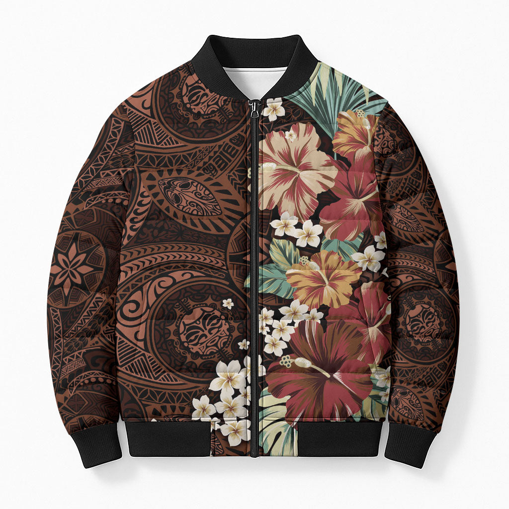 Kanoa Hawai'i Hibiscus Bomber Puffer Jacket Polynesian Tribal Tattoo Pattern Floral Elements