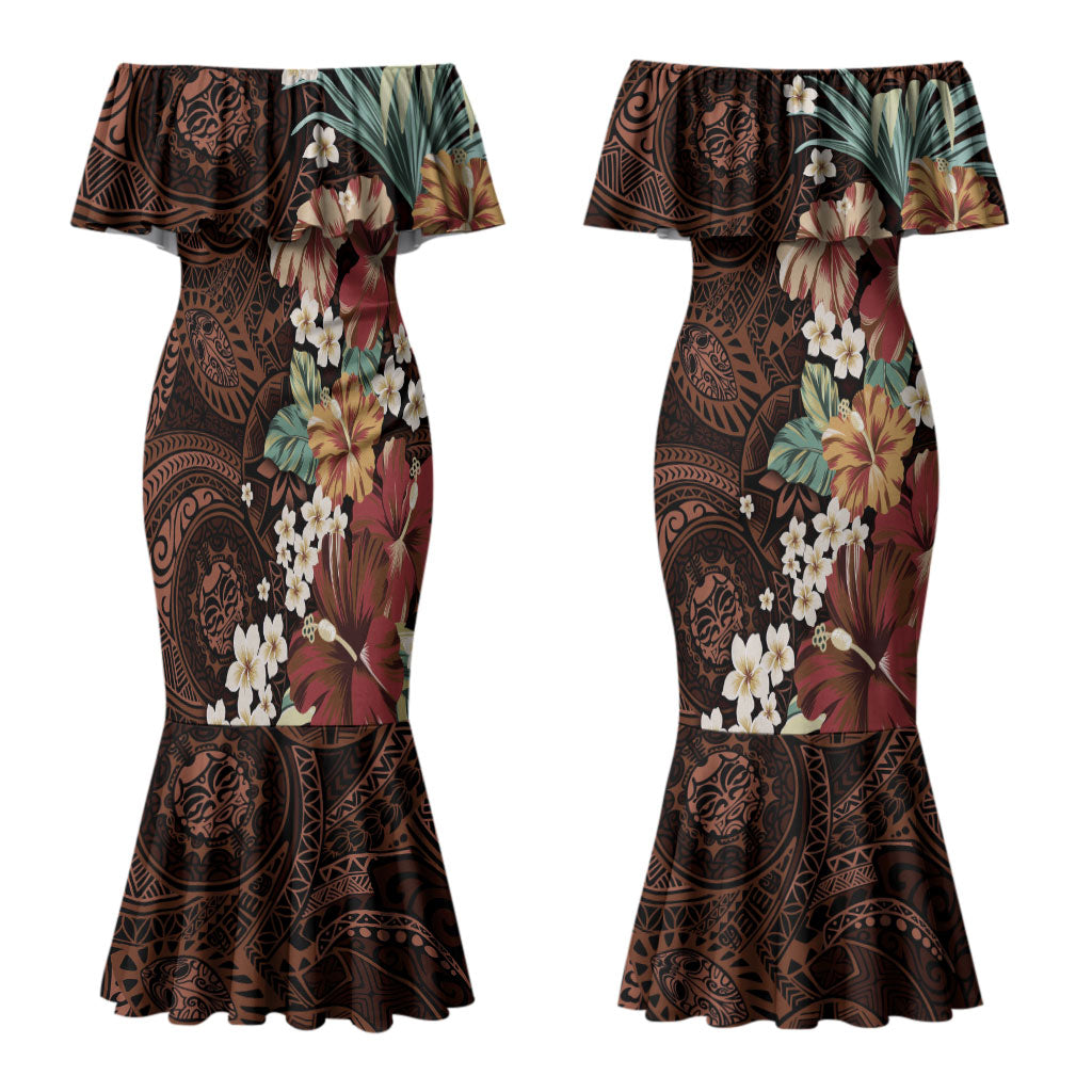 Kanoa Hawai'i Hibiscus Couples Matching Mermaid Dress and Hawaiian Shirt Polynesian Tribal Tattoo Pattern Floral Elements