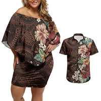 Kanoa Hawai'i Hibiscus Couples Matching Off Shoulder Short Dress and Hawaiian Shirt Polynesian Tribal Tattoo Pattern Floral Elements