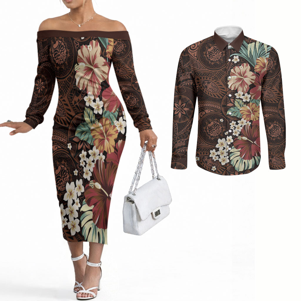 Kanoa Hawai'i Hibiscus Couples Matching Off The Shoulder Long Sleeve Dress and Long Sleeve Button Shirt Polynesian Tribal Tattoo Pattern Floral Elements