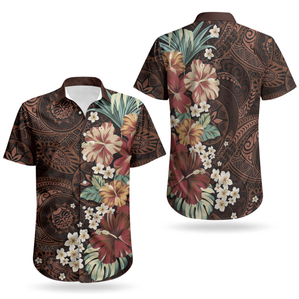 Kanoa Hawai'i Hibiscus Couples Matching Puletasi and Hawaiian Shirt Polynesian Tribal Tattoo Pattern Floral Elements