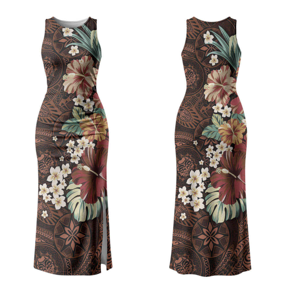 Kanoa Hawai'i Hibiscus Couples Matching Tank Maxi Dress and Hawaiian Shirt Polynesian Tribal Tattoo Pattern Floral Elements
