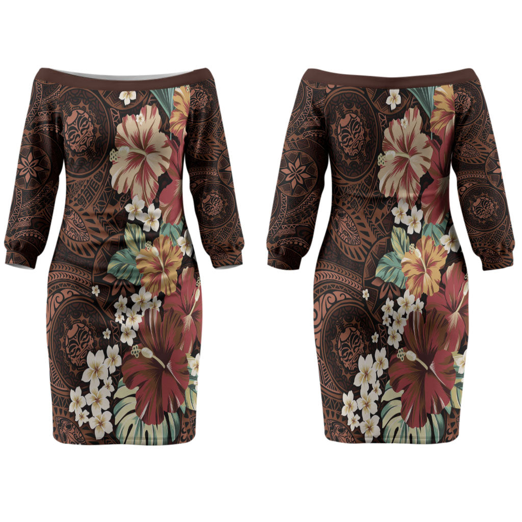 Kanoa Hawai'i Hibiscus Family Matching Off The Shoulder Long Sleeve Dress and Hawaiian Shirt Polynesian Tribal Tattoo Pattern Floral Elements
