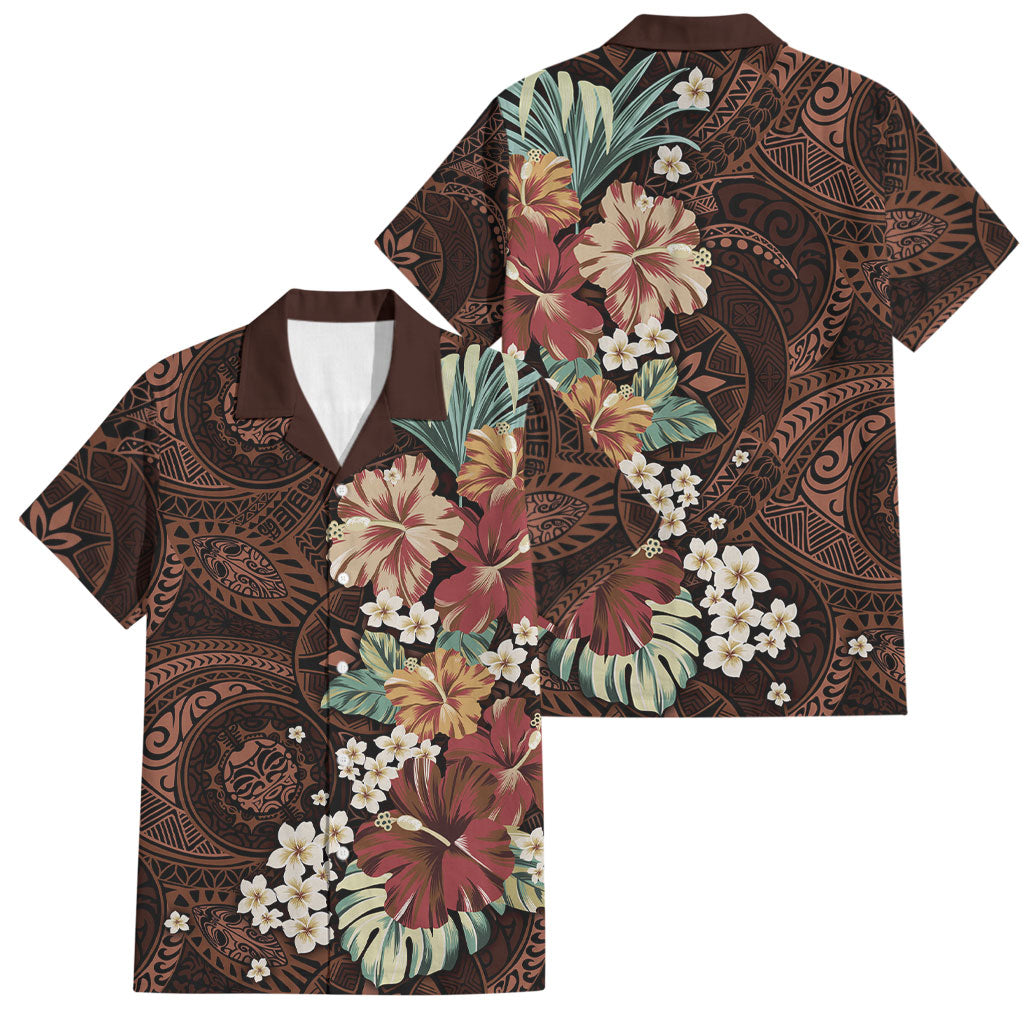 Kanoa Hawai'i Hibiscus Family Matching Off The Shoulder Long Sleeve Dress and Hawaiian Shirt Polynesian Tribal Tattoo Pattern Floral Elements