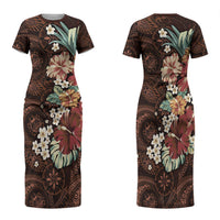 Kanoa Hawai'i Hibiscus Family Matching Short Sleeve Bodycon Dress and Hawaiian Shirt Polynesian Tribal Tattoo Pattern Floral Elements