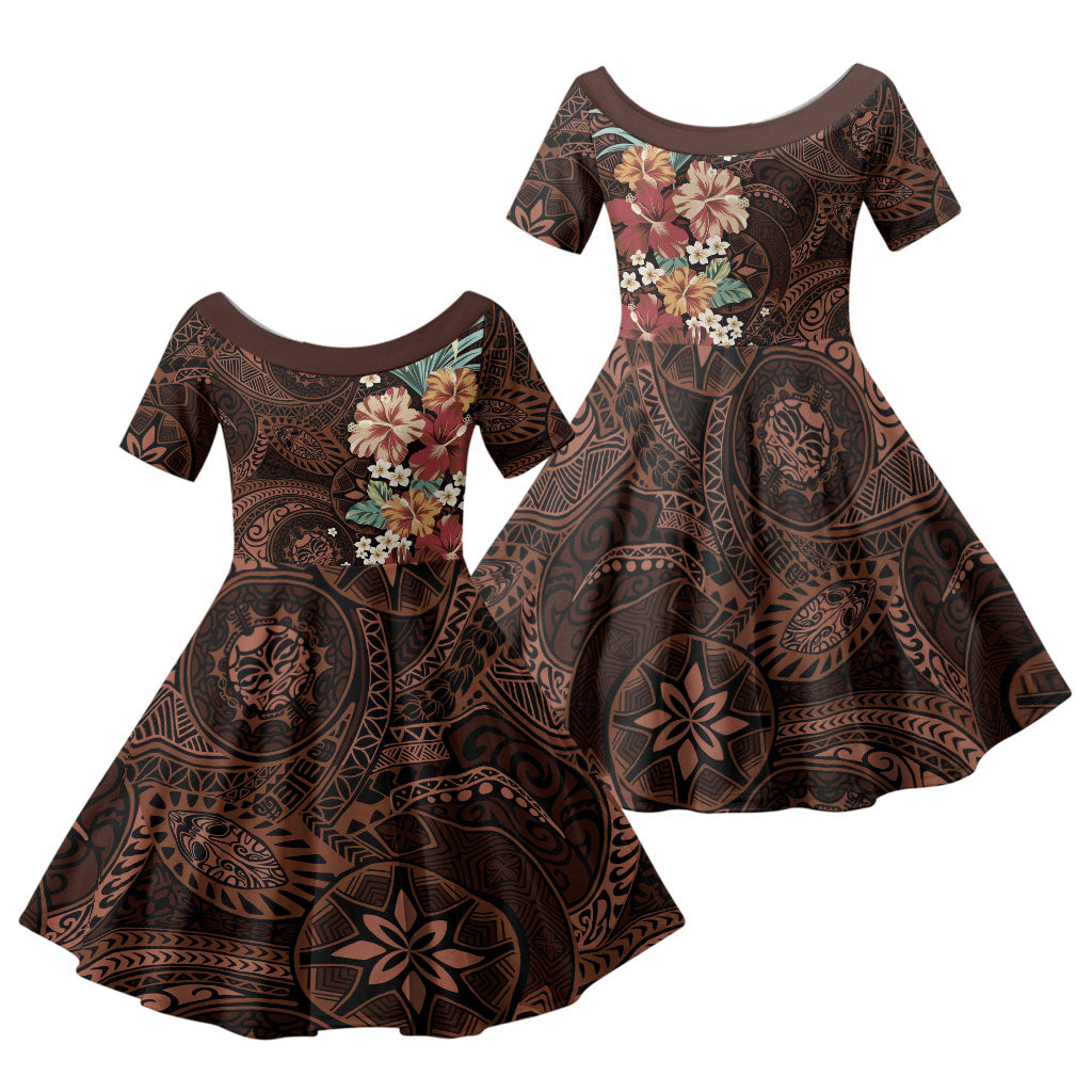 Kanoa Hawai'i Hibiscus Family Matching Summer Maxi Dress and Hawaiian Shirt Polynesian Tribal Tattoo Pattern Floral Elements