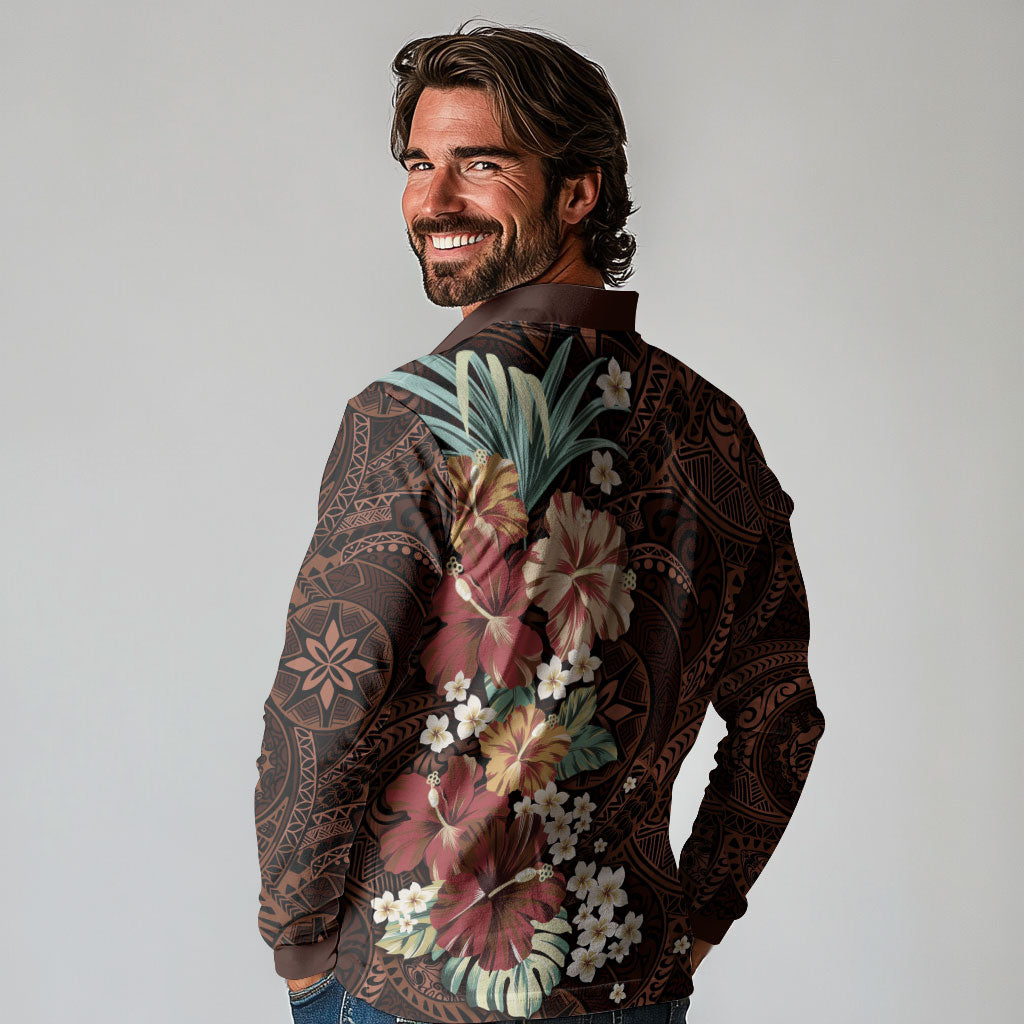Kanoa Hawai'i Hibiscus Long Sleeve Polo Shirt Polynesian Tribal Tattoo Pattern Floral Elements
